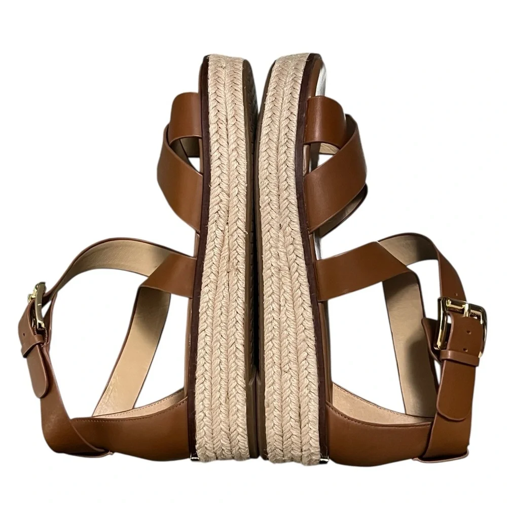 MICHAEL Michael Kors Tan Leather Espadrille Sandals with Gold Buckle